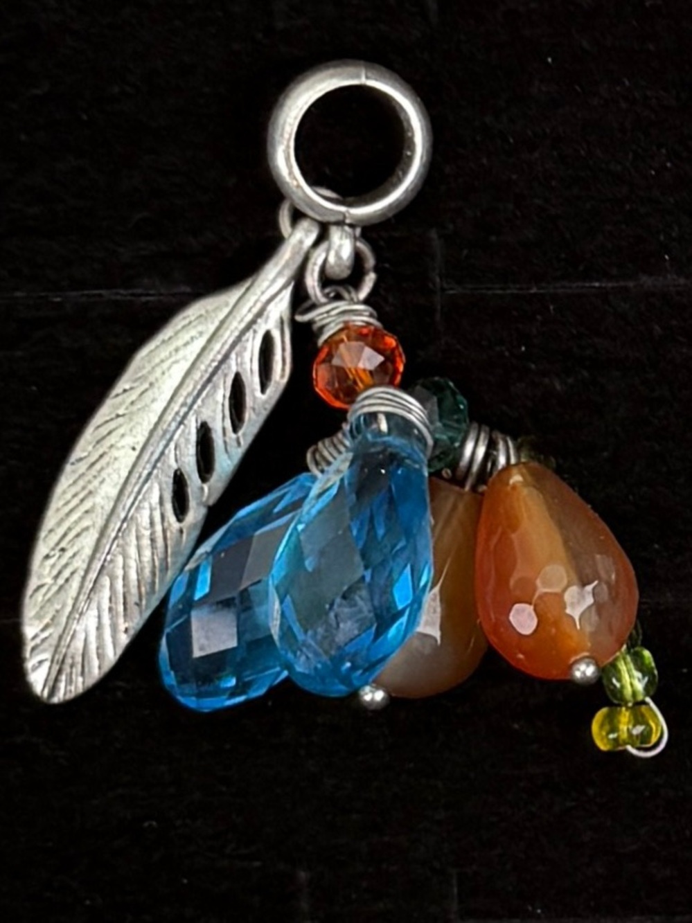 Silvertone Feather Charm Pendant Blue Orange Bead Dangle Accent